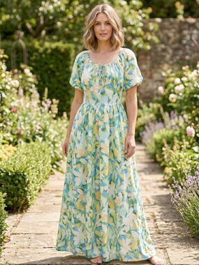 NWT | Fensace | Blue & Yellow Floral Puff Sleeve Maxi Dress | Medium